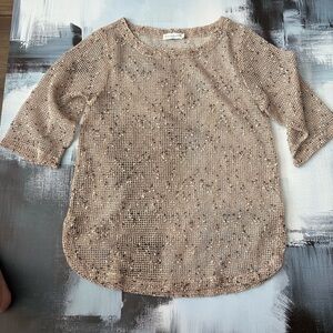 Lulu-B Beige Open Knit Crochet Top Women’s M – 3/4 Sleeve Beach Cover Up